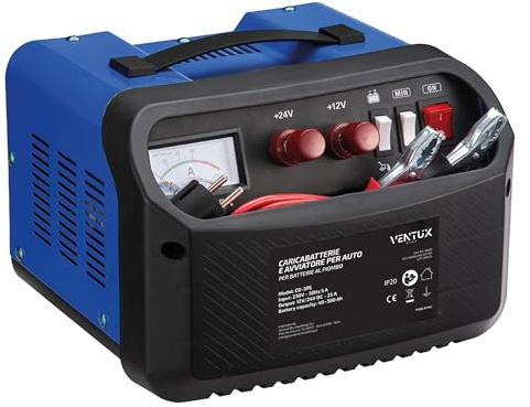 Caricabatterie e avviatore 12V/24V Ventux Gear CD-30S – Per Batterie al Piombo, Funzione Start 160A/260A, Amperometro Analogico, Protezioni di Sicurezza, Uso Auto e Officina