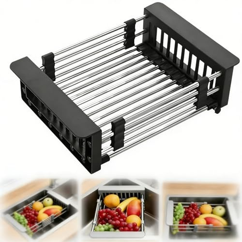 Extend Kitchen Sink Drain Basket, Telescopic Drain Rack for Sink, Multi-Functional Elescopic Kitchen Sinks Accessories for Draining Vegetables,Fruits,Dishes (Black,Large)