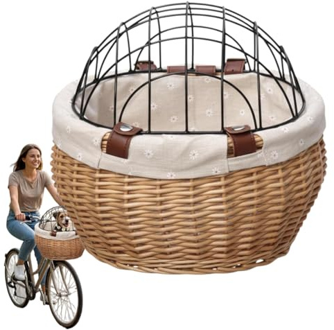 Cestino per bici per cani - Trasportino sicuro per montaggio su bici con copertura per cani di piccola taglia e gatti, cestino in rattan per animali domestici e d (A)