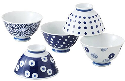 西海陶器(Saikaitoki) Saikai Pottery 13303 Indigo Round Crest Lightweight Rice Bowl Assortment 5 PC