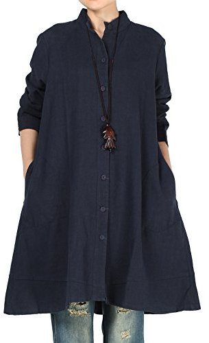 Vogstyle Damen Herbst Baumwolle Leinen Voller vorderer Knopf Blouse Kleid mit Taschen Style 1 XX-Large Navy
