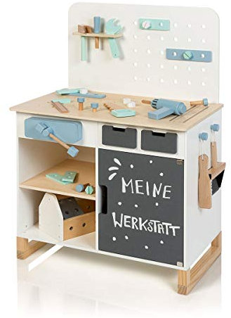 MUSTERKIND Werkbank - FAGUS weiß/Natur aus Holz mit Zubehör