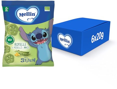 Mellin Rotelle di Piselli e Mais, Disney Stitch, Snack Biologico, 6x20g