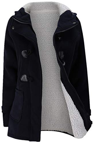 JiangWu Womens Fashion Horn Button Fleece Thicken Coat with Hood Winter Warm Jacket (XX-Large, Dark-blue)
