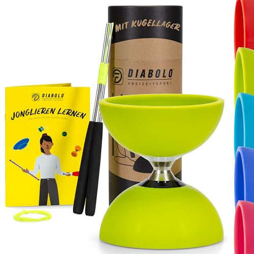 Diabolo Freizeitsport Jonglier-Set Pro mit kugelgelagertem Diabolo (hellgrün), Aluminium Handsticks, Ersatzschnur (160cm), Anleitung, tolles Geschenk