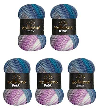 5 x 100g Wollbiene Batik 500 Gramm Wolle mit Farbverlauf mehrfarbig Multicolor Strickwolle Häkelwolle (2030 blau türkis rose)