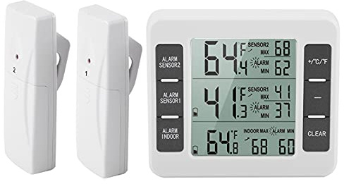 Kylskåpstermometer, digital frystermometer frysskåp, radiotermometer med 2 sensorer, kylare, inomhus, utomhustermometer, för kök och hem, husbil