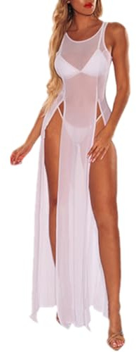 Najiny Vestido Sexy de Malla Transparente con Abertura Alta para Bikini Cover Up, Tops De Red Prendas De Playa Traje De Baño para Mujer