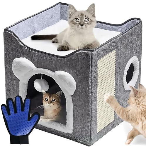 cometrade Katzenhöhle, Katzenhaus, faltbar, mit Terrasse, flauschigem Spielball und Kratzbrett inkl. Fellpflegehandschuh für Katze & Hund (39 x 39 x 39 cm hellgrau)