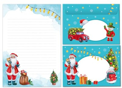 Julbrevpapper för barn, julbrevpapper, brevpappersset, jultomte som brevblock med kuvert för barn flickor pojkar (lock A5 med 25 ark + 15 kuvert)