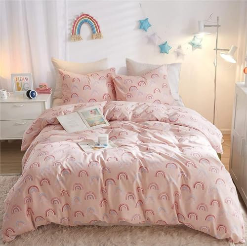 Freyamy Kinderbettwäsche 100x135cm Rosa Bunt Liebe Regenbogen Wendebettwäsche 100% Microfaser Herz Mädchen Babybettwäsche Herzmotiv Kinder Bettbezug mit Reißverschluss und Kissenbezug 40x60cm