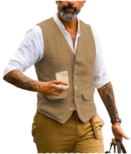 AeoTeokey Gilet Estivo da Uomo in Lino per Completo Panciotto Scollo a V Vintage Formale alla Moda Vestibilità Regolare, Marrone, S