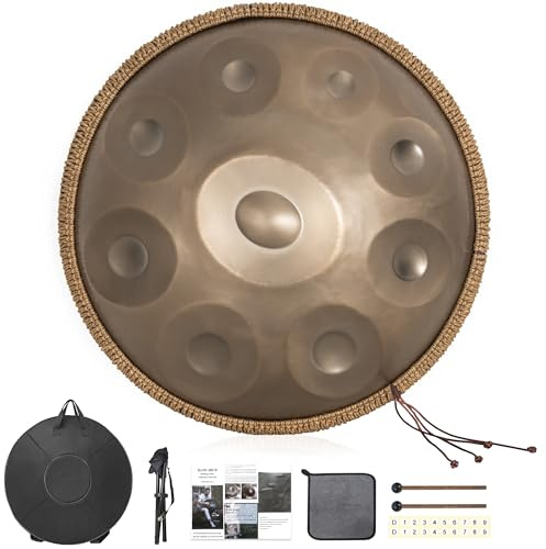 OUUTMEE 440 Hz, instrumento de tambor de mano de, 22 pulgadas, caja de mano, oro, bolsa de almacenamiento incluida