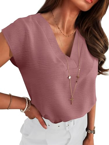 ANRABESS Women Tops Cap Sleeve Dressy Casual V Neck Shirts 2026 Summer Business Work Blouses Outfits Trendy Spring Clothing Dusty Rose Small