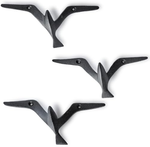 Ambipolar Iron Cast Decorative Gull Bird Wall Mounted Coat Hooks, Black, Set of 3