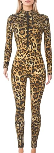 Maeau Damjumpsuit långärmad catsuit leopard, figurnära overall, elastisk ståkrage, lekdräkt, dragkedja, bodycon jumpsuit S–XL, brun-svart, L