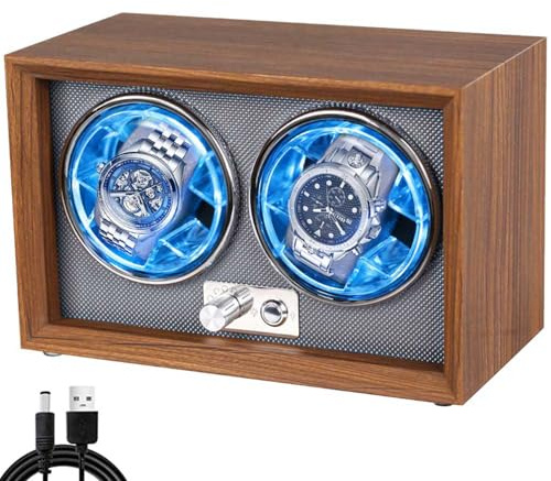 Vlocky Watch Winder for 2 Automatic Watches, Watch Winder Box with Silent Japanese Motor, Soft PU Pillow, 4 Modes Setting, LED Blue Light, Watch Turner Rotator Display Case