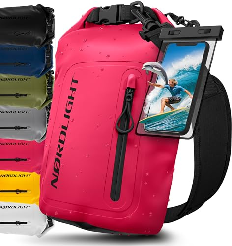 Nordlight Dry Bag Sacca Impermeabile + Custodia per Cellulare + Chiusura Arrotolabile, Tracolla | Zaino Impermeabile Sacca Stagna Borsa | Spiaggia, Canoa, SUP, Immersioni - Rosa, 10 Litri
