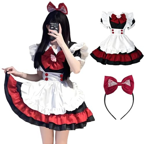 YushengTai Maid Dress Cosplay, svart röd maskeradkostym anime cosplay, söt magisk outfit, klassisk tjej-cosplay klänning med rosett pannband, jul halloween fest karneval kostym (2XL)