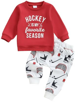 Toddler Baby Boy Hockey Outfit Letter Print Long Sleeve Sweatshirt Ice Hockey Pants Set Infant Fall Winter Clothes (Red, 6-12 Months)
