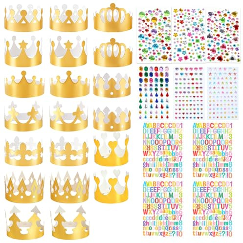 BEELUKY 20 Pezzi Corona Compleanno Corone di Carta Dorate Cappello Regolabile di Carta D'oro con 6 Strass Adesivi e 4 Adesivi Alfanumerici per Bambini Festa di Compleanno Feste