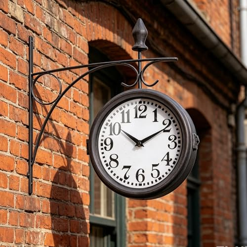 Metal Double Sided Hanging Clock with Retro Grey Sturdy Frame,Glass Lens,Silent Quartz Movement, Indoor/Outdoor Double-Sided Decorative Wall Clock for Home Décor Farmhouse Station Office Garden