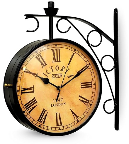 THINKSUP 11-Inch Vintage Double-Sided Wall Clock – Classic Railway Station Style, 1747 London Roman Numeral Design, Retro Metal Frame for Indoor & Outdoor Home Décor
