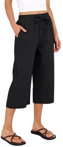 Capri Pants for Women UK Cotton Linen Summer Cropped Trousers Trendy 2026 Elastic Waist Palazzo Wide Leg Pants with Pockets Lounge Yoga Beach 3/4 Length Linen Trousers Ladies Culottes Plus Size Black