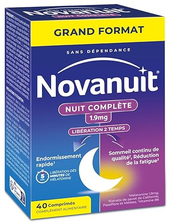 Novanuit nuit complète – Mélatonine 1,9mg - Complément alimentaire | Endormissement rapide - Sommeil continu de qualité - Réduction de la fatigue – 40 comprimés réservé à l’adulte