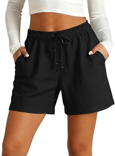 Linen Shorts Women - Stretch Cotton Summer Pants - Elastic Waist Bottoms Womens Running Shorts Casual Lounge Bottoms with 2 Pockets Work Clothing for Cycling Running Lounge and Holiday