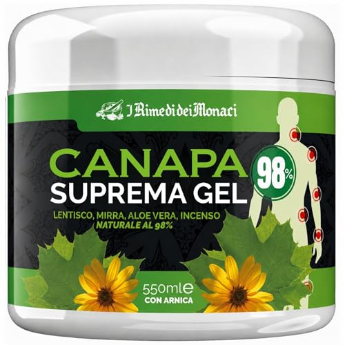 Gel- Crema Canapa Suprema Gel 550ml Elisir di Benessere, Elasticizzante e Lenitivo, Naturale al 98% con Arnica, Olio di Canapa, Aloe Vera, Mirra, Incenso e Lentisco, Made in Italy | Rimedi dei Monaci