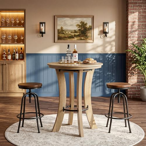 Tribesigns Round Bar Table, 100cm height Wood Pub Table with Metal Footrest, Modern Organic Bar Height Bistro Cocktail Table for Coffee Bar, Kitchen, Dining Room, Small Space, Light Brown (Table Only)