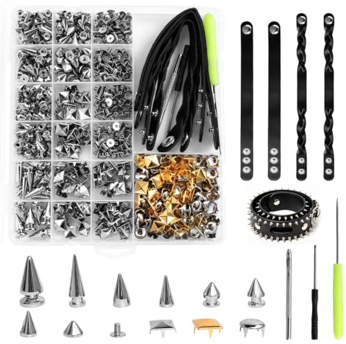 609 st Spikes Studs, Punk Lädernit, Dekorativa Nit, Punk Metalliska Fyrkantiga Studs Nit, Plattspetsiga Böjda Böjningsnit för DIY Läderhantverk