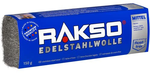 RAKSO Edelstahlwolle mittel - 150g, 1 Banderole, rostfrei, entfernt hartnäckige Ablagerungen von Fliesen, Keramik - Böden im Nassbereich