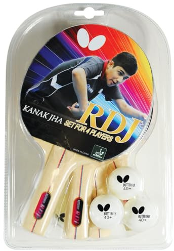 Butterfly RDJ 4 Player Table Tennis Racket & Ball Set - 4 ITTF Approved Ping Pong Paddles - Addoy Rubber and Sponge - 6 Balls (RDJ4)