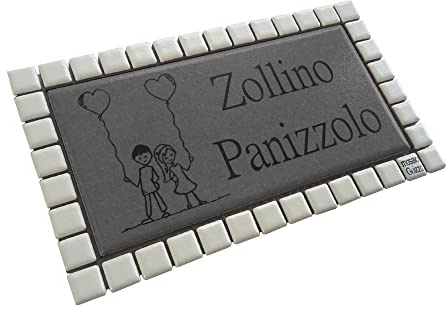 GUIZZO creart - Targa Personalizzata Nomi/Via in Ceramica, Targhetta Modificabile con Cornice Mosaico, Targhetta Porta Ingresso Numero Civico Esterno Made in Italy 17x9.5H cm, Grigio Scuro/Bianco