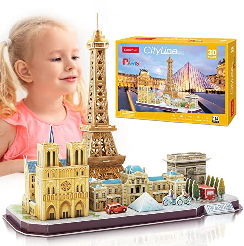 CubicFun 3D Puzzles Paris City Skyline Puzzle DIY Building Model Kits | France Decoration and Souvenir Gift for Kids and Teenagers, Notre Dame de Paris, Eiffel Tower, The Louvre 114 Pieces
