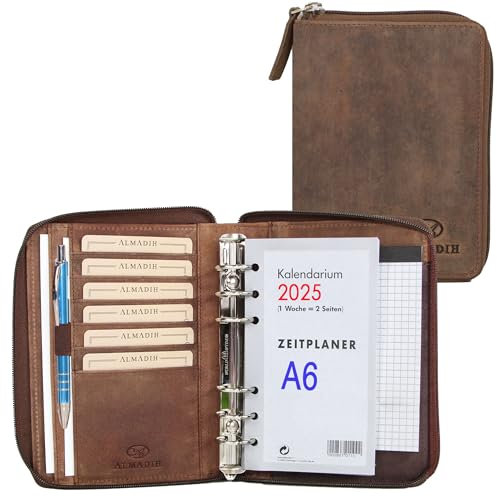 ALMADIH Leder A6 Organizer Reißverschluss Kalender 2025 2026 Notizblock Premium Rindsleder Braun Vintage Geschenkbox Ledermappe Mappe Schreibmappe Terminplaner Terminkalender Konferenzmappe (A6-O-BV)