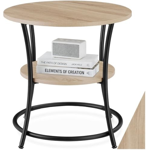 tectake® Beistelltisch rund Ø55 x 56 cm, Couchtisch mit Stauraum, Couchtisch rund mit 2 Ablagen, Deko Schlafzimmer Nachttisch, Beistelltisch Holz, Tisch Wohnzimmer - Industrial Holz hell, Eiche Sonoma