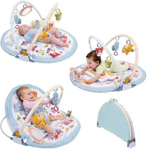 Yookidoo Baby Gym Urban Lay to Sit-Up Playmat. 3-in-1 Newborns Activity Center with Tummy Time Toys, Pillow & Infant Mirror. 0-12 Month