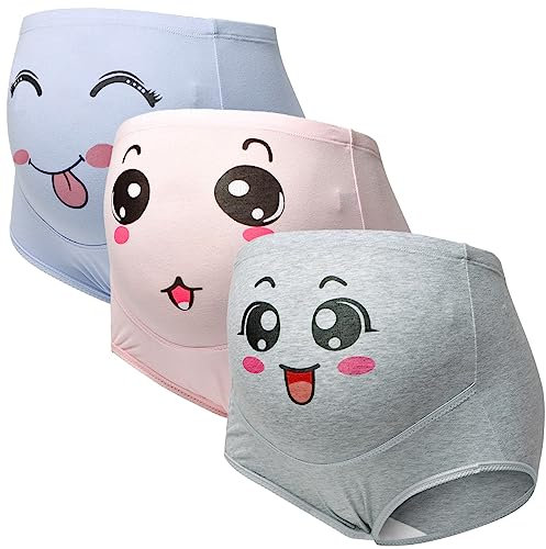 Damen Umstandsslip 3 Stücke Baumwolle Hohe Taille Elastisch Schwangerschaftsslip Slipshorts Schwangere Unterwäsche Schwangerschafts Panties mit Smiley-Druck,L(34-36)