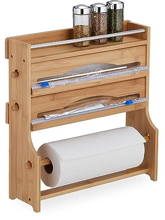 Relaxdays Taglia Pellicola da Cucina, Dispenser a Muro Portarotoli Carta e Alluminio, 40x40x11,5 cm, Bambù, Naturale