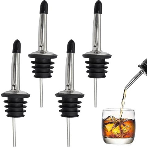 4 Pcs Liquor Pourers 304 Stainless Steel Spirits Pourer Freeflow Liquor Spirits Pourer with Rubber Dust Caps for Pours Liquid Olive Oil Wine