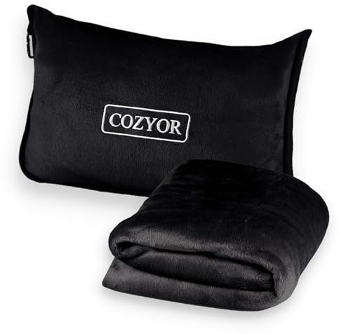 Cozyor Reisekissen & Reisedecke 2 in 1 weich mit Rucksack-Clip + Kofferbefestigung 170x100 cm, kuscheliges Reiseset für Flugzeug, Auto & unterwegs mit Bezug für Erwachsene & Kinder
