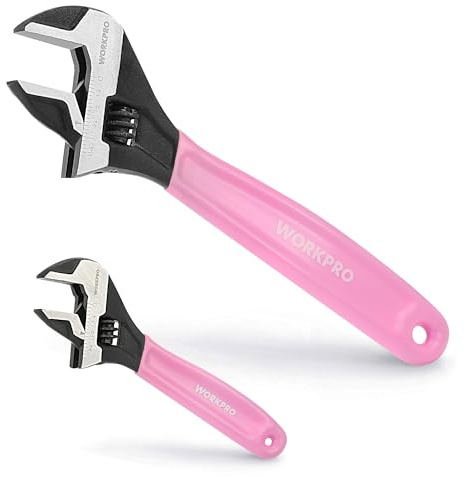 WORKPRO 2-piece Pink Adjustable Wrench Set, 6-Inch & 10-Inch Wrenches, Wide Jaw Black Oxide Wrench, Metric & SAE Scales, Cr-V Steel, for Home, Garage, Workshop-Pink Ribbon