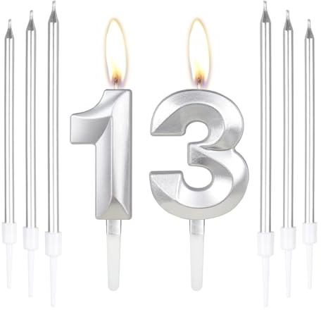 Silver 13th Birthday Cake Candles, Number 13 Set with 6 Long Candles, Cake Decorations for Parties & Anniversaries