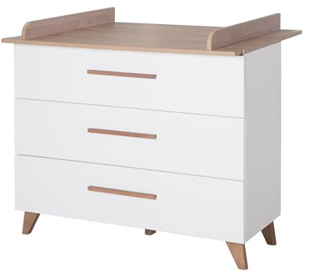 roba Wickelkommode Ole inkl. abnehmbarem Wickelaufsatz - Wickeltisch mit 3 Schubladen inkl. Füßen und Griffen aus Massivholz - Holz weiß/Dekor dunkle Eiche