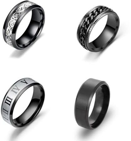 SCJJZ Ringe für Herren,Ringe für Damen,Schwarzer Herrenring aus Edelstahl, Paar-Retro-Set-Ring aus Titanstahl (4 Stück)