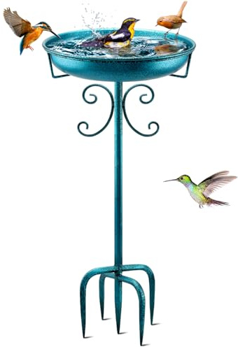 Yepper Baignoire d'oiseaux autoportante vintage de 88,9 cm avec piquet en métal pour jardin, terrasse, cour, pelouse, base améliorée à 5 dents (bleu)
