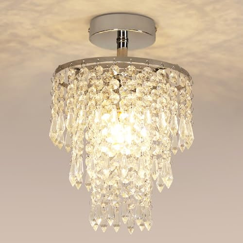 Pheashine Modern Crystal Chandelier Ceiling Light, Chrome Flush Mount Ceiling Light Hallway Lights, E14 Bulb Base, 3 Tiers Raindrop Crystal Ceilings Light Fitting for Bedroom, Dining Room, Girls Room
